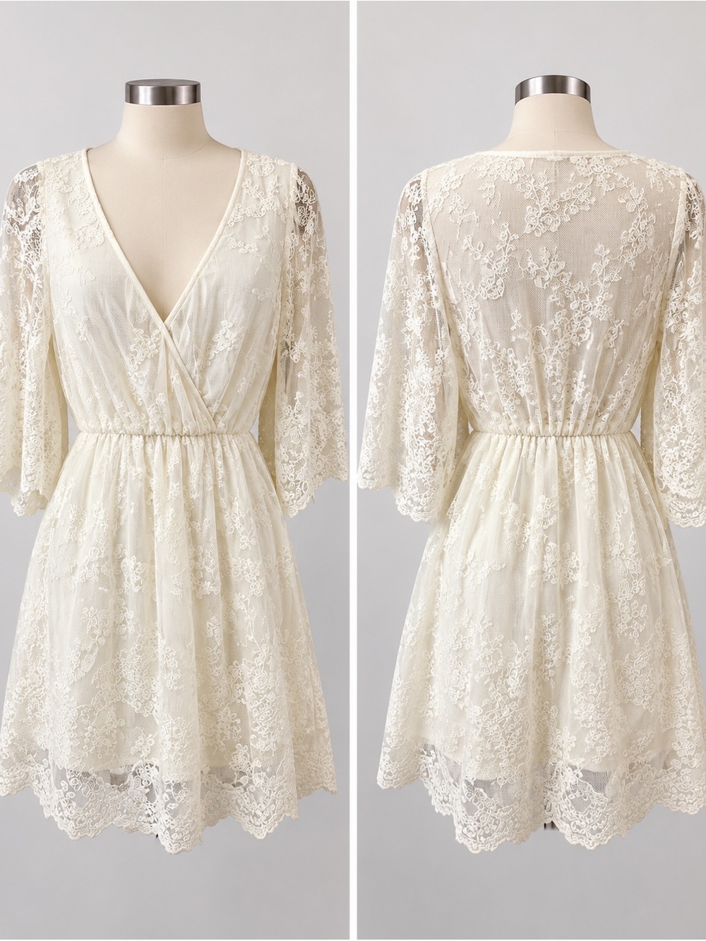 16564. Entro Ivory White Floral Lace Mini Dress Bell Sleeve Wrap V-Neck NWT